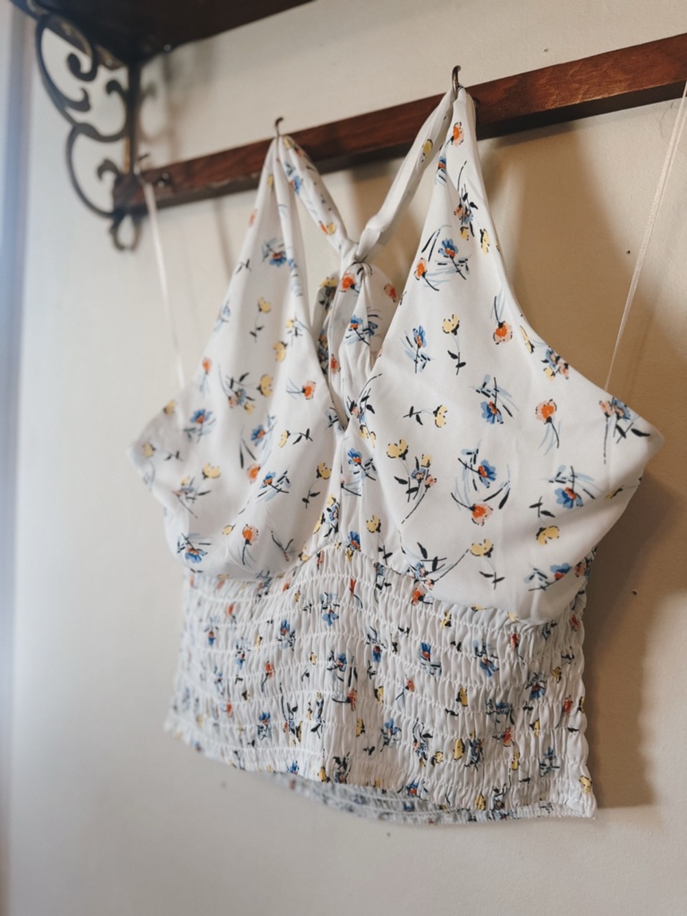 Sienna Sky White Floral Smocked Crop Cami with Blue, Yellow & Orange Print